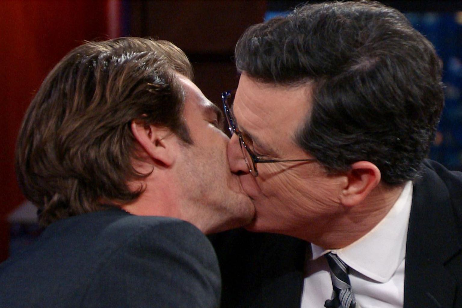 Andrew Garfield Opens Up About Ryan Reynolds Kiss â€¦ and Kisses Stephen Colbert!