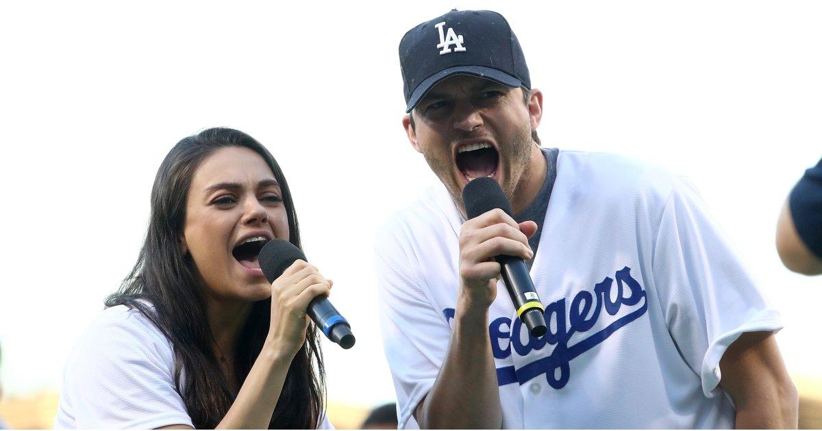 Ashton Kutcher and Mila Kunis Announce the Lineup at a Dodgers Game, Knock It Out of the Park