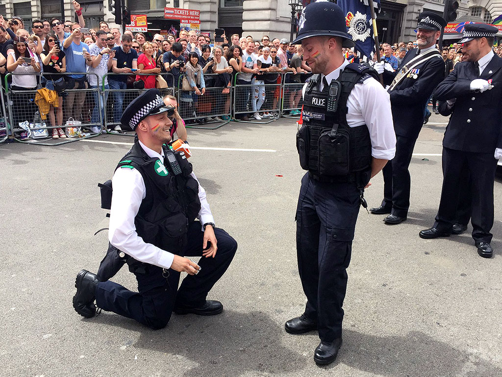 London's Pride Parade Comes to Halt as Two Police Officers Propose Marriage