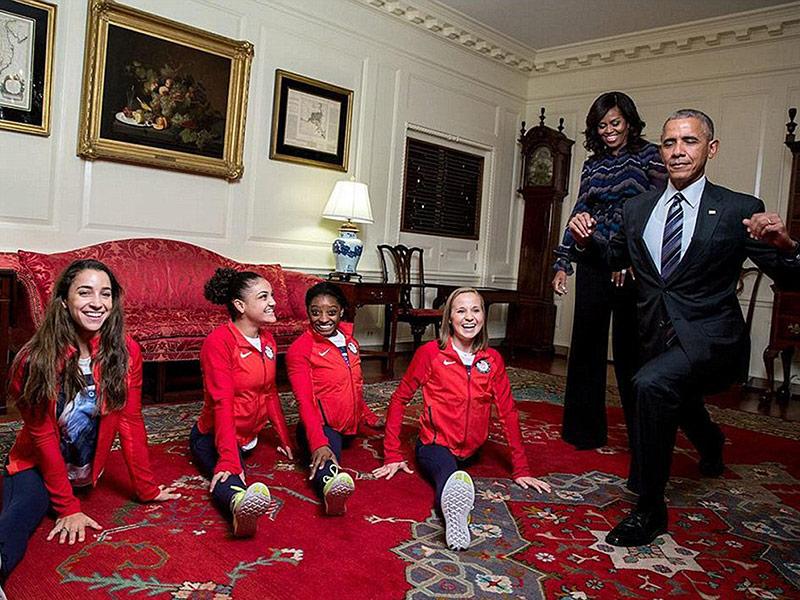 President Barack Obama Tries the Splits with the Final Five as He Welcomes Team USA to the White House
