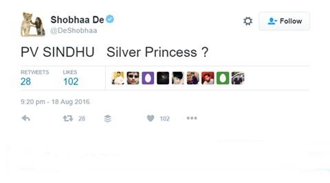 Shobhaa De  's    silver princess '  tweet on PV Sindhu gets tweeple a-trolling again