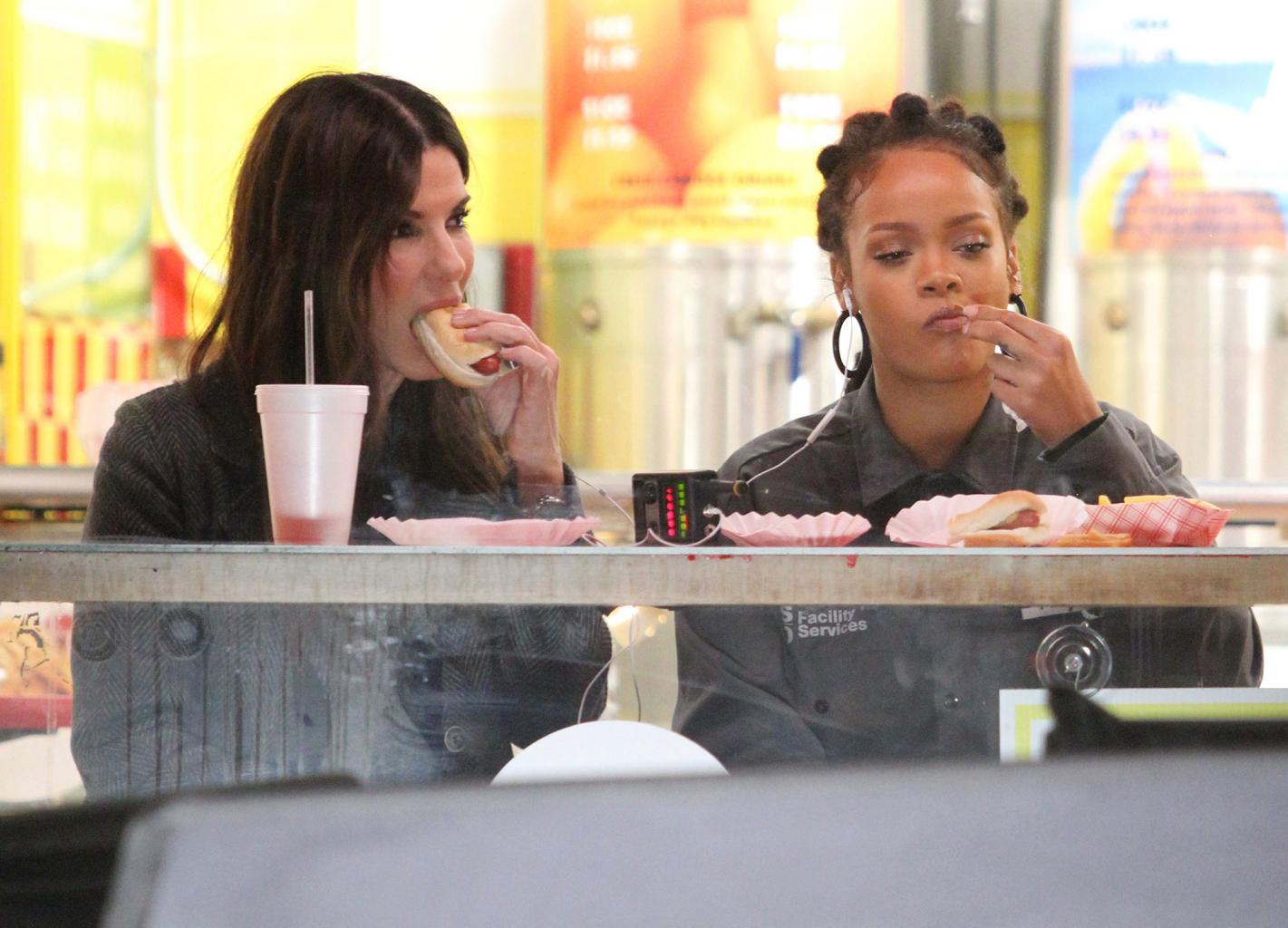 Snack Attack: Sandra Bullock and Rihanna Chow on Hot Dogs on the Set of Ocean       's Eight