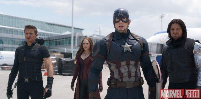 Still of Chris Evans, Elizabeth Olsen, Jeremy Renner and Seb